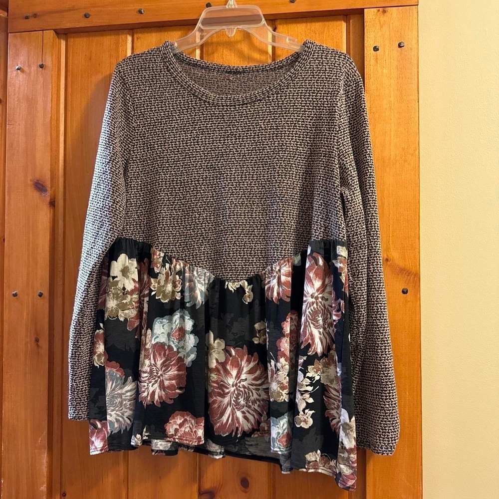 Unbranded Mixed Media Top Womens M Brown Floral Excellent Babydoll Peplum Knit